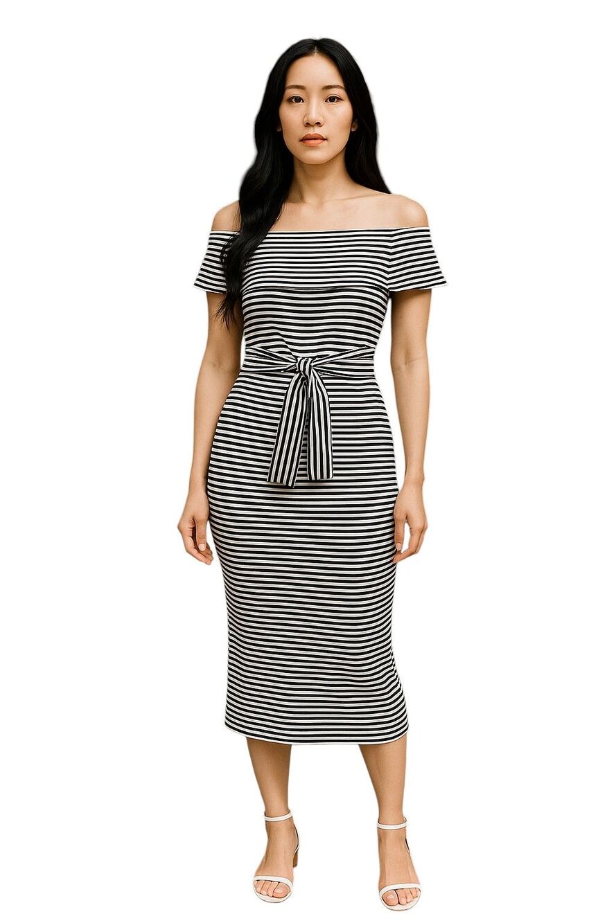 Vici Off the Shoulder Front Tie Black & White Striped Bodycon Pencil Dress M
